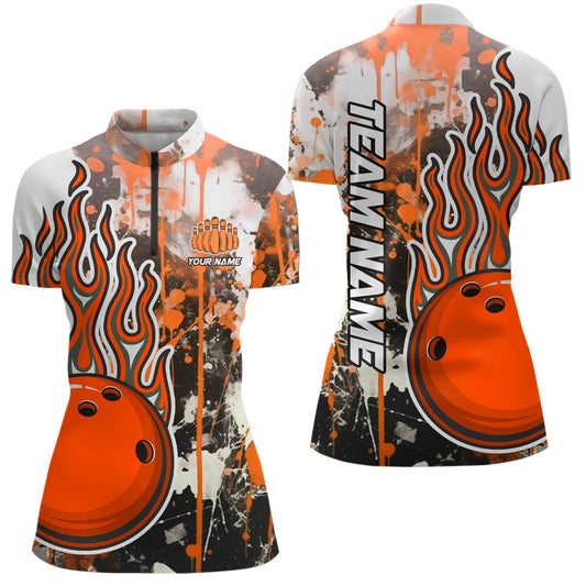 Orange Camo Flame Bowling Quarter Zip Shirts für Damen - Personalisierte Bowling Liga Team Trikots P5419 - Climcat