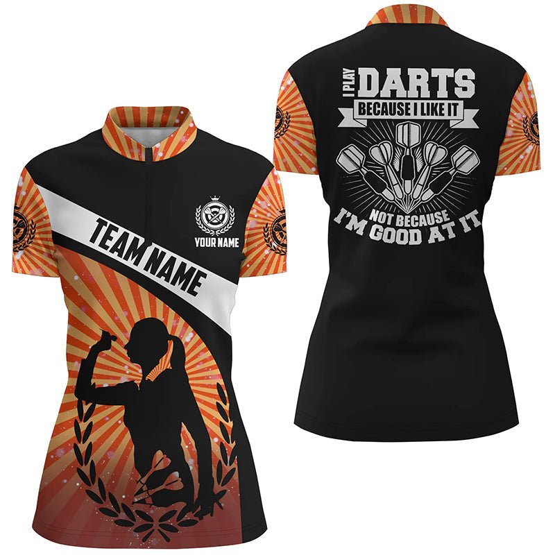 Orange Dart-Quarter-Zip-Shirt für Frauen mit Halo-Darts-Motiv, Darttrikots für Damen, weil ich es gerne spiele V128 - Climcat