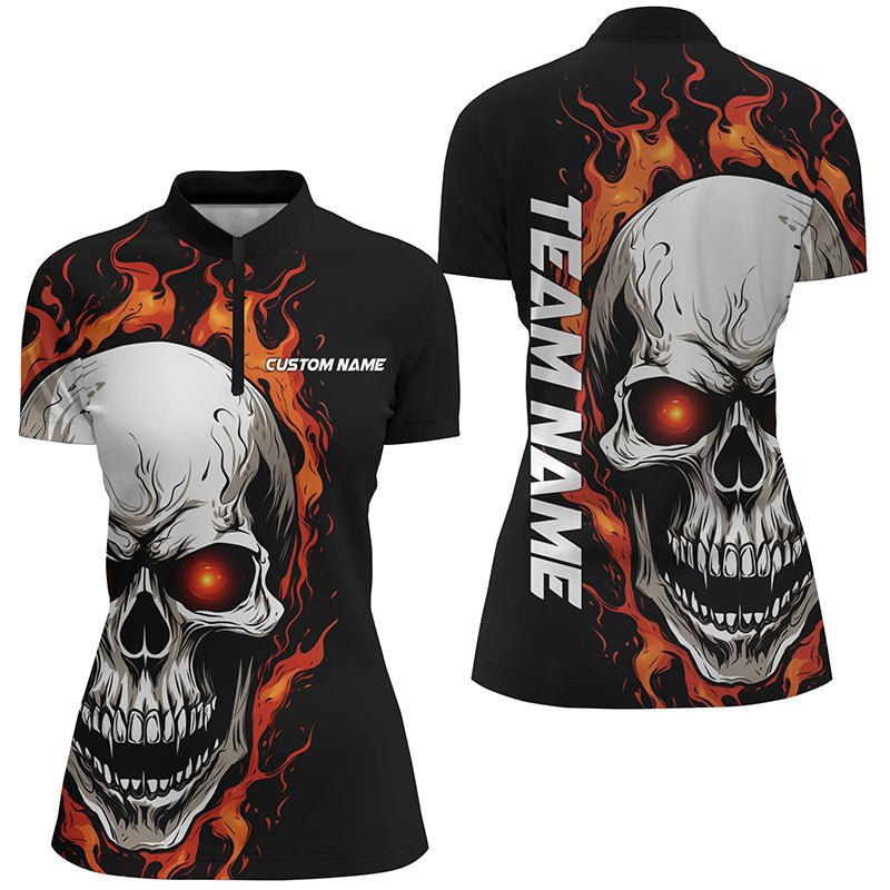 Orange Flame Skull Damen Sport Trikots, individuelle Team Bowling Damen Quarter Zip Shirts P5272 - Climcat