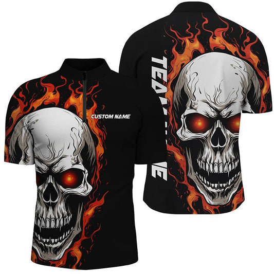 Orange Flame Skull Sport Trikots, individuelle Team Bowling Quarter Zip Shirts für Herren, Bowler Outfits P5272 - Climcat