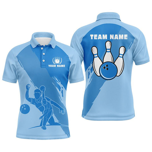 Personalisierte 3D Bowling Polo Shirts für Herren, Individuelle blaue Team Bowling Trikots für Herren Q5300 - Climcat