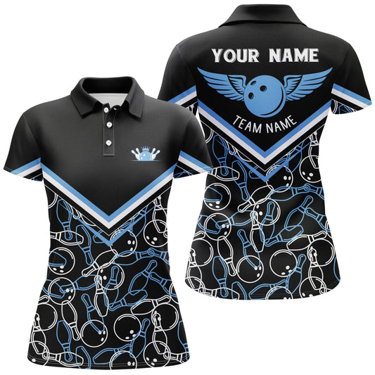 Personalisierte 3D Bowling Shirts für Damen, individuell gestaltbare schwarze blaue Kurzarm Polo Bowling Shirts für Mädchen Q4707 - Climcat