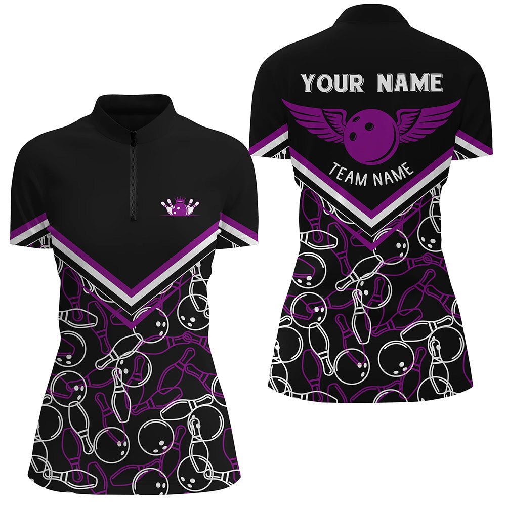 Personalisierte 3D-Bowling-Shirts für Damen, individuell gestaltete schwarze lila Quarter-Zip-Bowling-Shirts für Mädchen Q6441 - Climcat