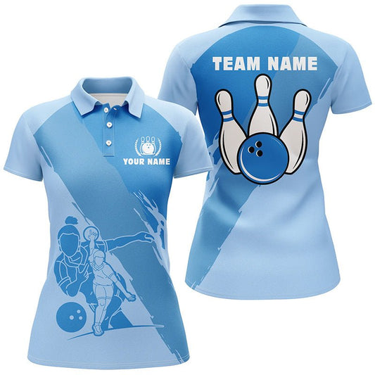 Personalisierte 3D Bowling Shirts für Damen, Individuelle blaue Kurzarm Polo Bowling Shirts für Mädchen Q5300 - Climcat