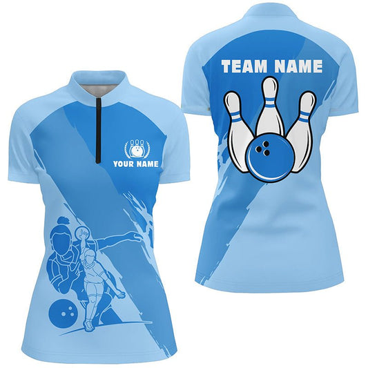 Personalisierte 3D Bowling Shirts für Damen, Individuelles blaues Kurzarm-Quarter-Zip-Bowling-Shirt für Mädchen Q5300 - Climcat