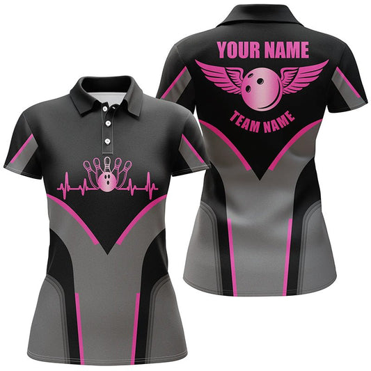 Personalisierte 3D-Bowling-Shirts für Damen, individuelles pinkes Kurzarm-Polo-Bowling-Herzschlag-Shirt Q4686 - Climcat