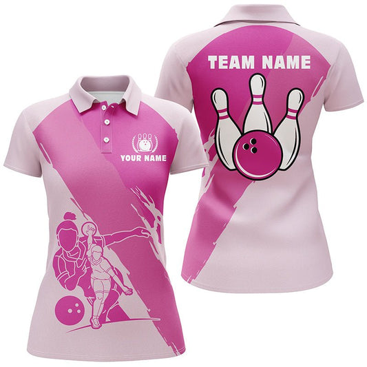 Personalisierte 3D-Bowling-Shirts für Damen, individuelles pinkes Kurzarm-Polo-Bowling-Shirt für Mädchen Q4691 - Climcat