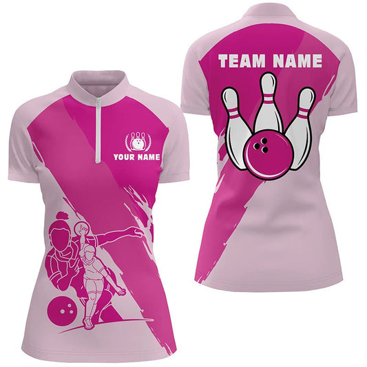 Personalisierte 3D-Bowling-Shirts für Damen, Individuelles pinkes Kurzarm-Quarter-Zip-Bowling-Shirt für Mädchen Q4691 - Climcat