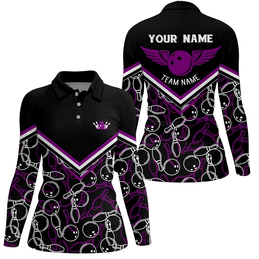 Personalisierte 3D Bowling Shirts für Damen, Individuelles schwarz-lila Kurzarm Polo Bowling Shirt für Mädchen Q6441 - Climcat
