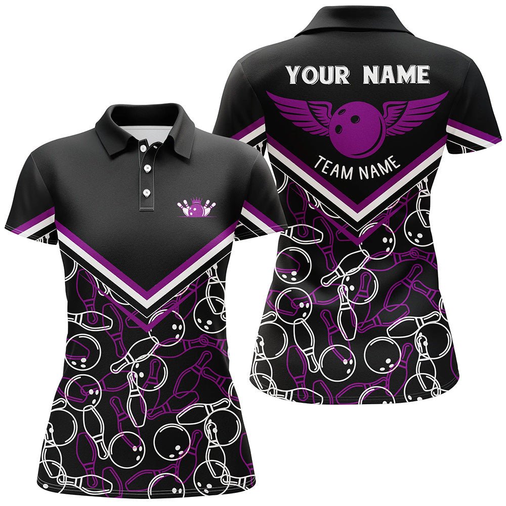 Personalisierte 3D Bowling Shirts für Damen, Individuelles schwarz-lila Kurzarm Polo Bowling Shirt für Mädchen Q6441 - Climcat