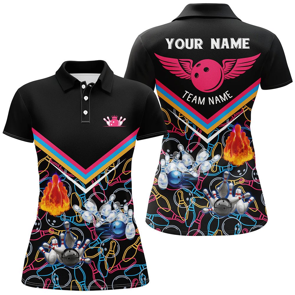 Personalisierte 3D Bowling Shirts für Damen, maßgeschneiderte schwarze Kurzarm Polo Bowling Shirts für Mädchen Q5385 - Climcat