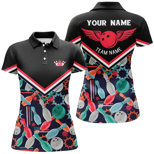 Personalisierte 3D Bowling Shirts für Damen, maßgeschneiderte schwarze Kurzarm Polo Bowling Shirts für Mädchen Q6008 - Climcat