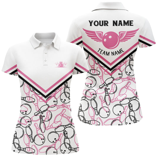 Personalisierte 3D-Bowling-Shirts für Damen, maßgeschneiderte weiße rosa Kurzarm-Polo-Bowling-Shirts für Mädchen Q4706 - Climcat