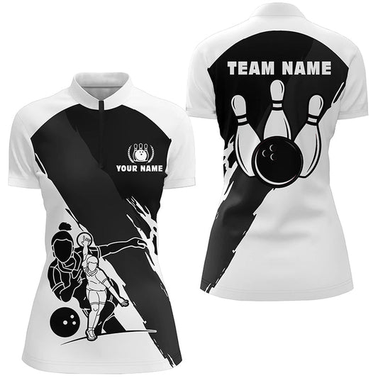 Personalisierte 3D Bowling Shirts für Damen Schwarz Weiß Kurzarm Viertelreißverschluss Bowling Shirt für Mädchen Q5302 - Climcat