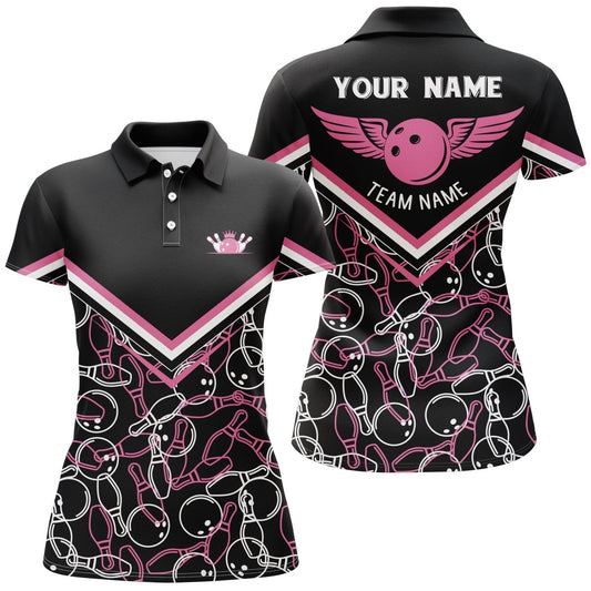 Personalisierte 3D Bowling-Shirts für Frauen, individuell anpassbare schwarze rosa Kurzarm-Polo-Bowling-Shirts für Mädchen - Climcat