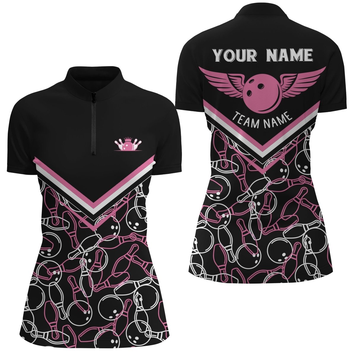 Personalisierte 3D-Bowlingshirts für Damen, Individuelle rosa Viertelreißverschluss-Bowlingshirts für Mädchen Q4555 - Climcat