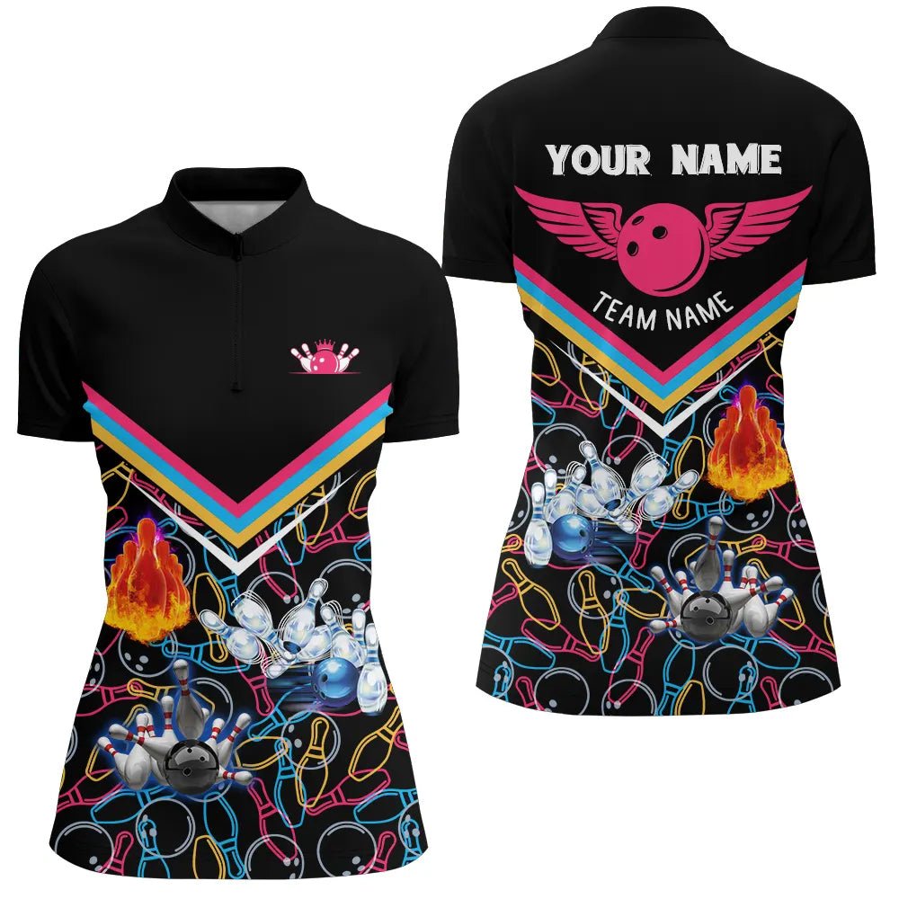 Personalisierte 3D-Bowlingshirts für Damen, individuelles schwarzes Muster mit Viertelreißverschluss Bowlingshirts für Mädchen Q5385 - Climcat