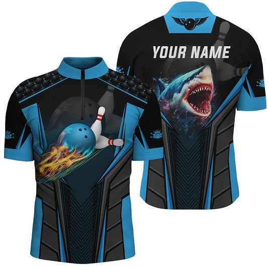 Personalisierte 3D-Bowlingshirts für Herren - Individuell gestaltete Haifisch-Team-Blau-Bowlingkugel - Bowling-Quarter-Zip-Shirts Q5336 - Climcat