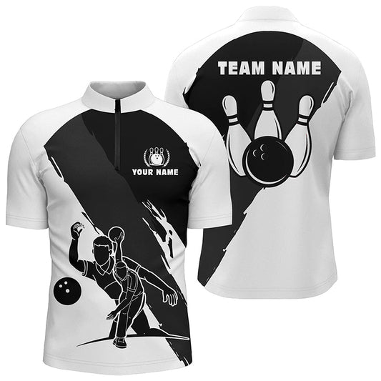 Personalisierte 3D Herren Bowling Quarter Zip Shirts, maßgeschneiderte schwarz-weiße Team Bowling Trikots für Männer Q5302 - Climcat