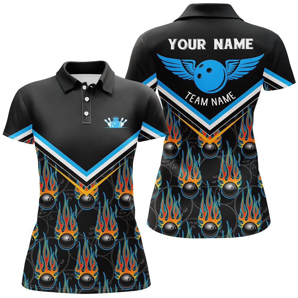 Personalisierte 3D Team Bowling Polo Shirts für Damen, Individuelle schwarze Flammen Bowling Ball Trikots für Bowler Q6011 - Climcat