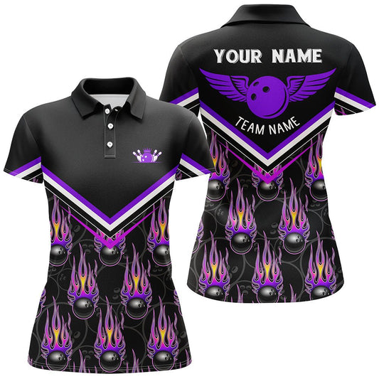 Personalisierte 3D-Team-Bowling-Polo-Shirts für Damen, individuelle schwarze Flammen-Bowlingball-Trikots | Lila Q6010 - Climcat