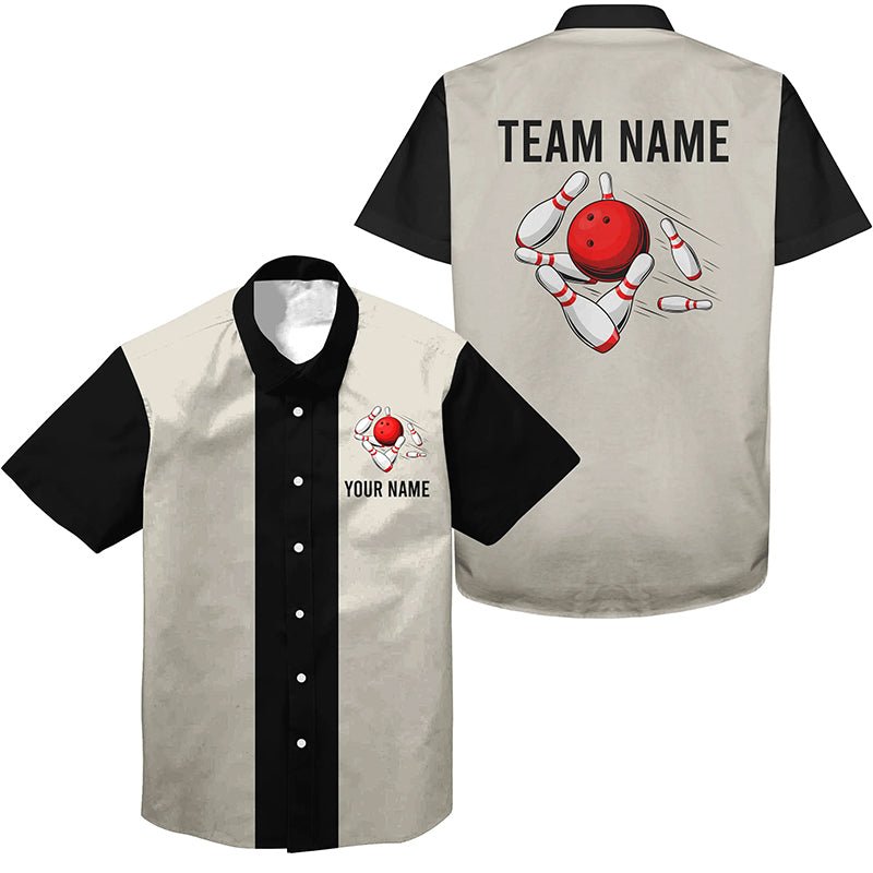 Personalisierte Beige und Schwarze Retro Bowling-Hemden - Vintage Team Hemden mit Knopfleiste - Q7000 - Climcat