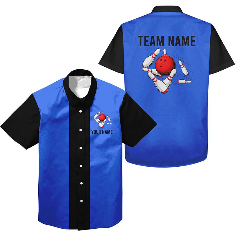 Personalisierte Blau Schwarze Retro Bowling-Hemden - Individuell gestaltete Vintage-Team-Hemden mit Knopfleiste Q6802 - Climcat