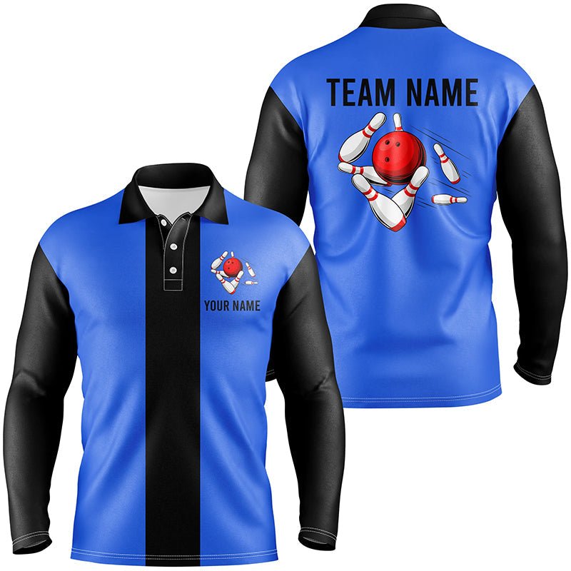 Personalisierte Blau Schwarze Retro Bowling Polo Shirts für Herren - Individuelle Vintage Bowling Team Trikots Q6802 - Climcat