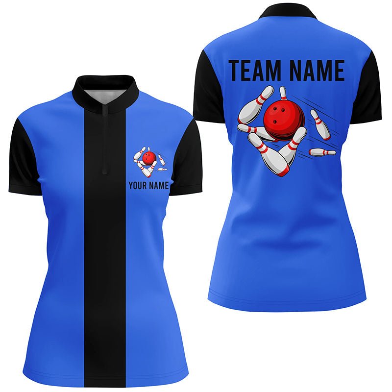 Personalisierte Blau Schwarze Retro Bowling Quarter Zip Shirt für Damen - Individuelle Vintage Bowling Team Trikots Q6802 - Climcat