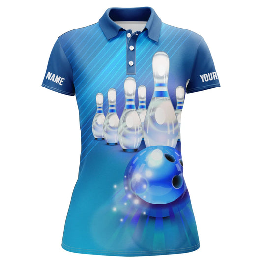 Personalisierte Blaue Bowling-Shirts für Damen, Bowlingkugeln und Pins Trikots für Mädchen P4176 - Climcat