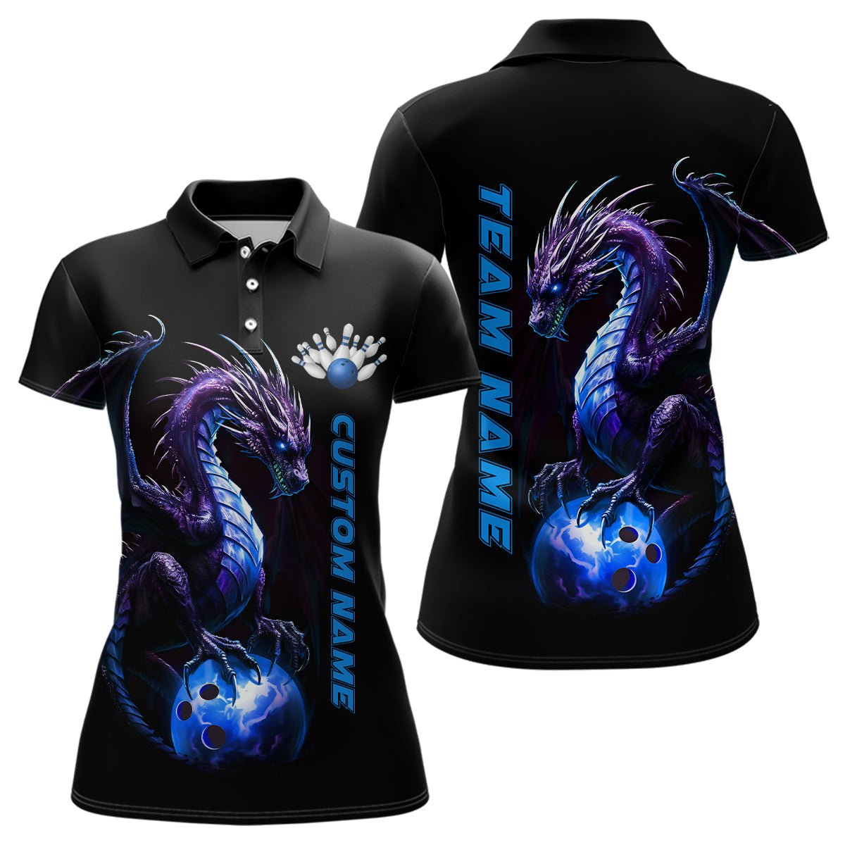 Personalisierte blaue Drachen Bowling Team Trikots Damen Polo Shirts Bowling Liga Shirts P5353 - Climcat