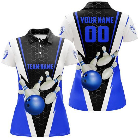 Personalisierte Blaue Strike Bowling Polo Shirts für Damen, Bowling Team Trikots mit Name und Nummer P5281 - Climcat