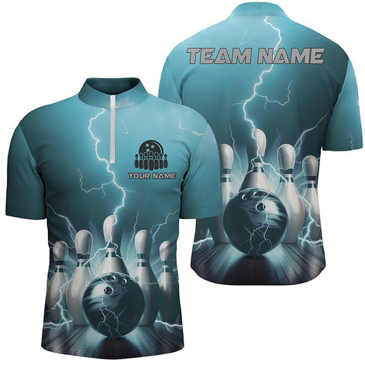 Personalisierte Blaue Thunder Lightning Herren Quarter Zip Bowling Shirts - Strike Bowling Team Trikots P5394 - Climcat