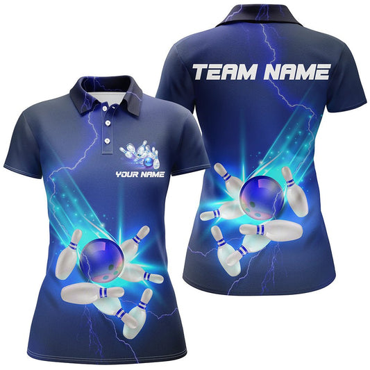 Personalisierte Blaue Thunder Lightning Polo Bowling Shirts für Damen - Bowling Team Trikots P5381 - Climcat