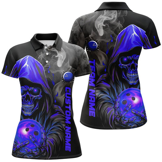 Personalisierte blaue Totenkopf Damen Bowling Team Trikot Rauch Bowling Polo Shirts für Bowler P5406 - Climcat