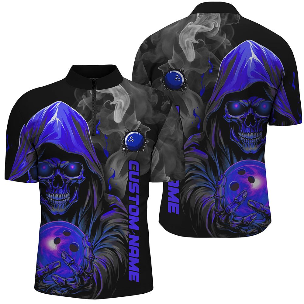 Personalisierte blaue Totenkopf-Herren-Bowling-Team-Jersey Smoke Bowling Viertelreißverschluss-Shirts für Bowler P5406 - Climcat