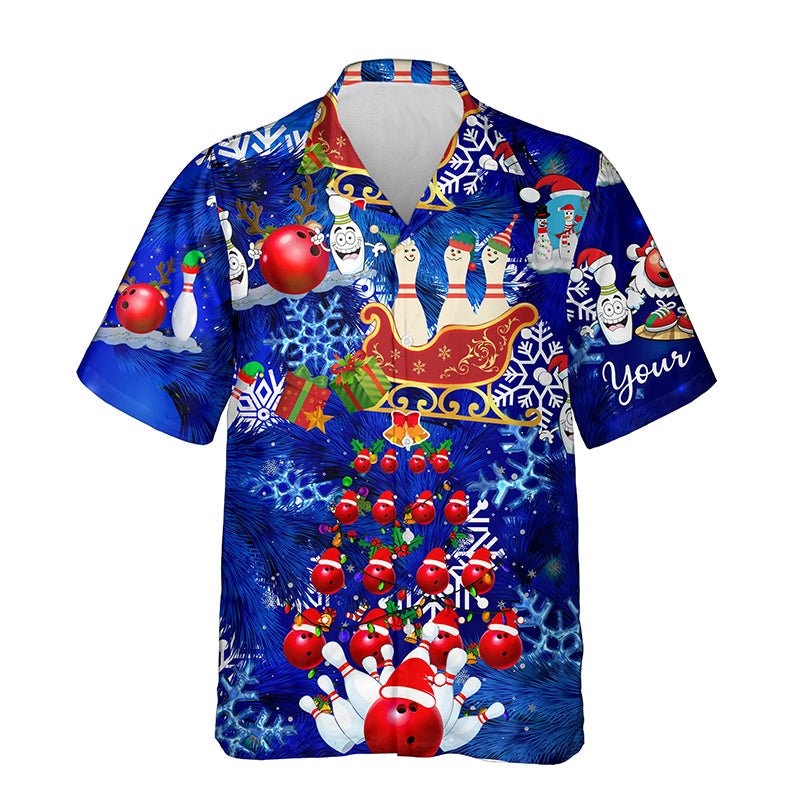 Personalisierte blaue Weihnachtsmuster Bowling Santa Hawaiihemden - Individuelle Team-Knopfhemden Q6617 - Climcat