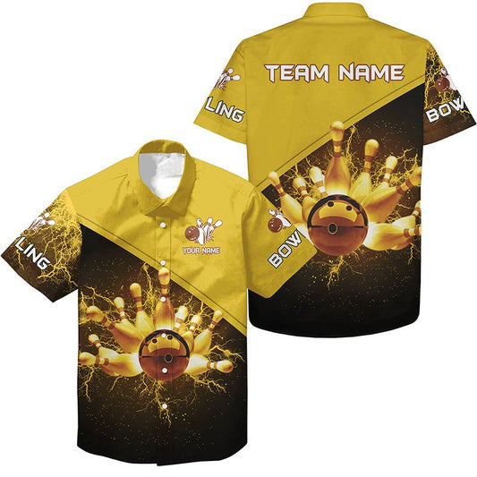 Personalisierte Bowling-Hawaiihemd mit goldenem Blitz und Donner, individuelles Bowling-Teamtrikot, Geschenk für Team-Bowler Q6383 - Climcat