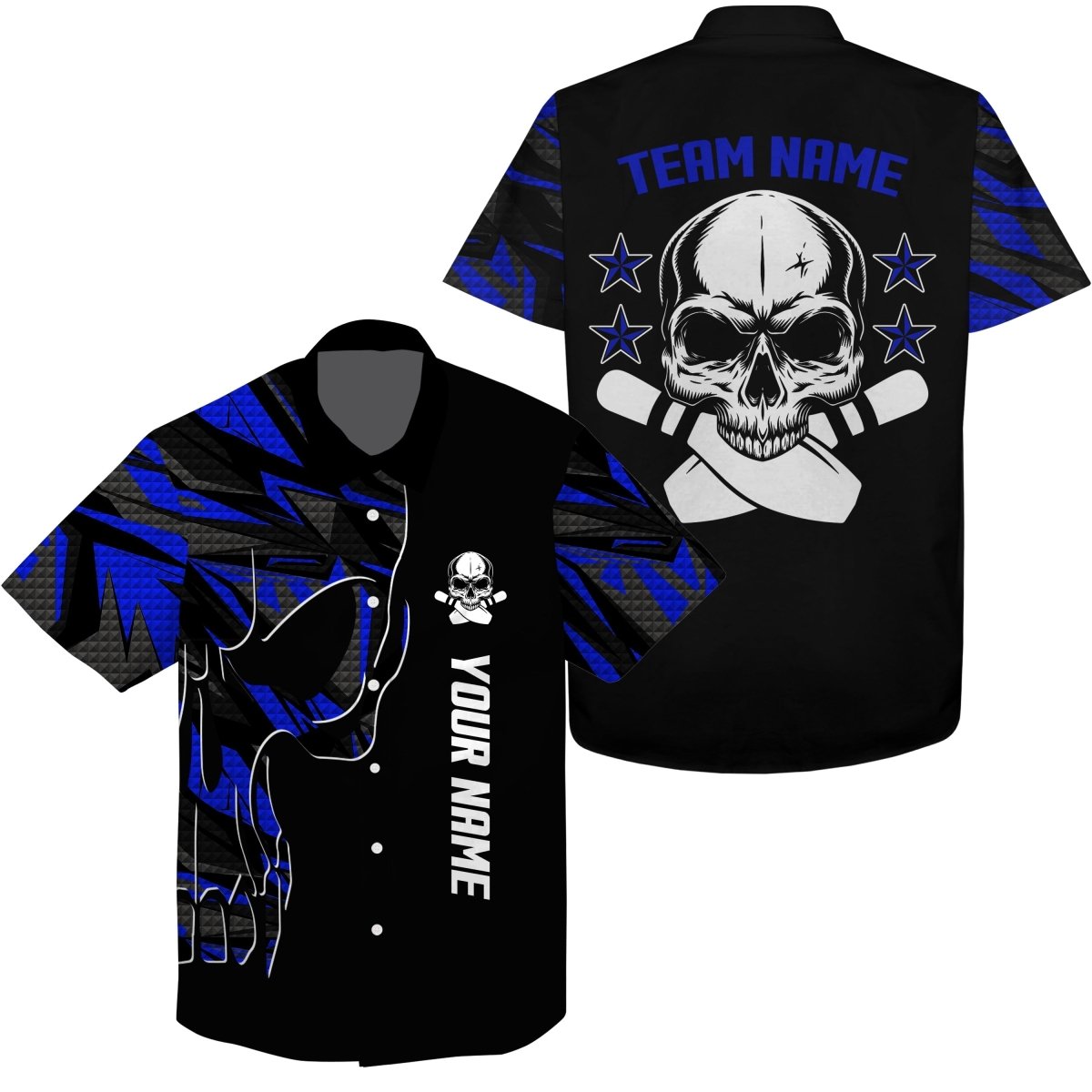 Personalisierte Bowling-Hawaiihemd mit individuellem Namen und Teamnamen | Skull Bowling, Team-Bowlinghemden | Blau Q4553 - Climcat