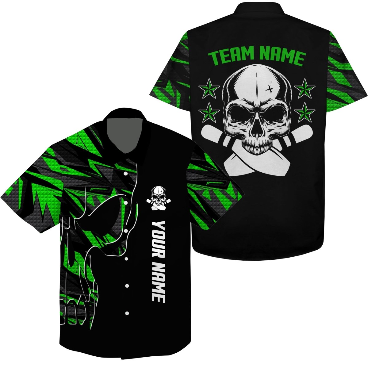 Personalisierte Bowling-Hawaiihemd mit individuellem Namen und Teamnamen Skull Bowling, Team-Bowlinghemden | Grün Q4553 - Climcat