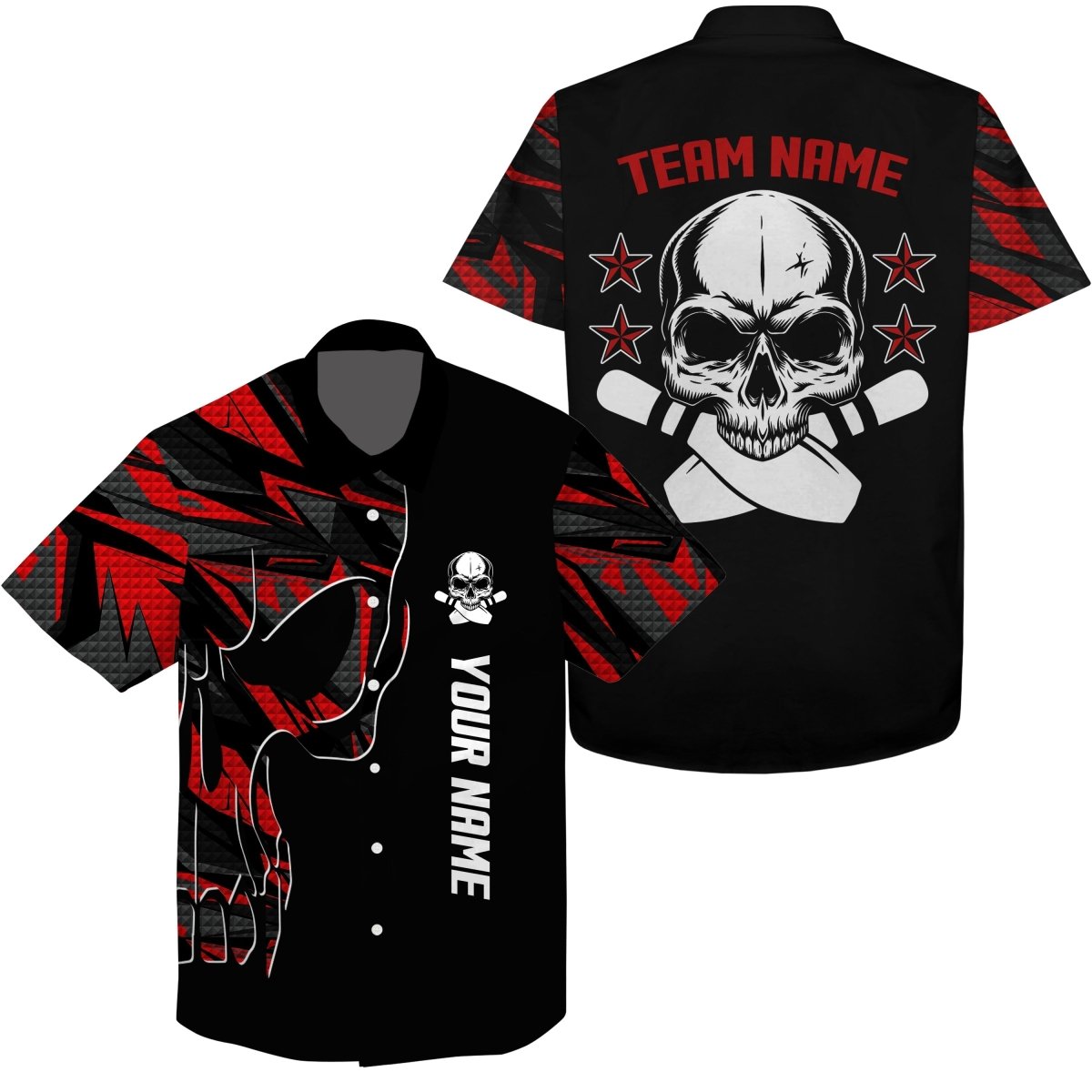 Personalisierte Bowling-Hawaiihemd mit individuellem Namen und Teamnamen | Skull Bowling, Team-Bowlinghemden | Rot Q4553 - Climcat