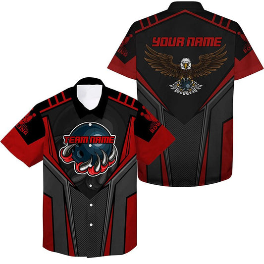 Personalisierte Bowling-Hawaiihemden für Herren mit individuellem Namen und Teamnamen | Adler Herren Bowling Team Shirts | Rot Q4631 - Climcat