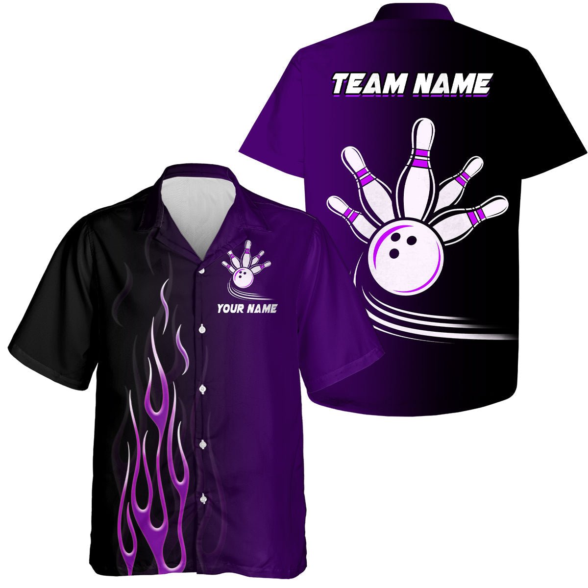 Personalisierte Bowling-Liga-Trikots in lila Verlauf, individuell gestaltbares Button-up-Hawaiihemd, Geschenke für Bowling-Team Q7056 - Climcat