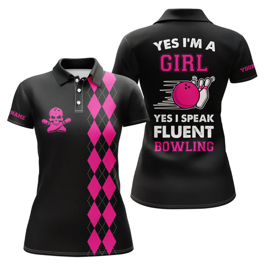 Personalisierte Bowling-Polo-Shirt für Damen in Pink mit Argyle-Karo-Muster, Ja, ich bin ein Mädchen und ja, ich spreche fließend Bowling - Q5011 - Climcat