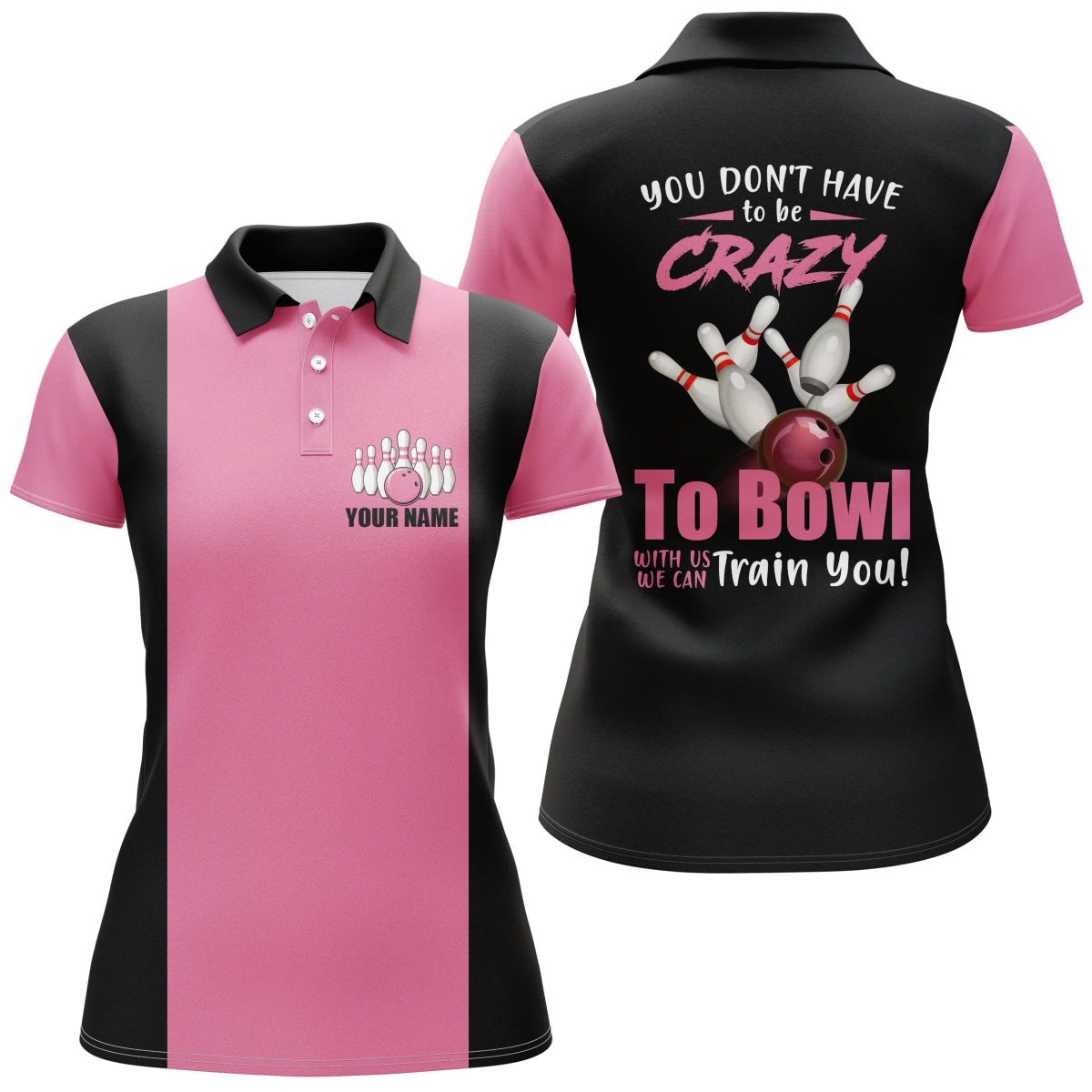 Personalisierte Bowling-Polo-Shirt für Damen in Pink - Wir bringen Ihnen das Bowlen bei! Q4689 - Climcat