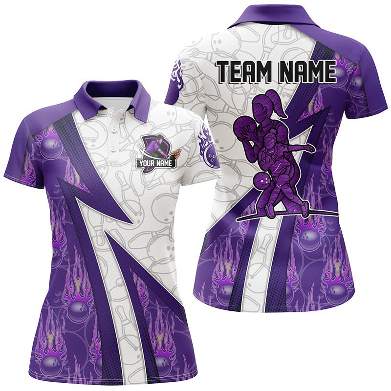 Personalisierte Bowling-Polo-Shirt für Damen, lila Flammen-Tarnmuster Bowling-Trikot, Bowling-Team-Shirt Q6462 - Climcat