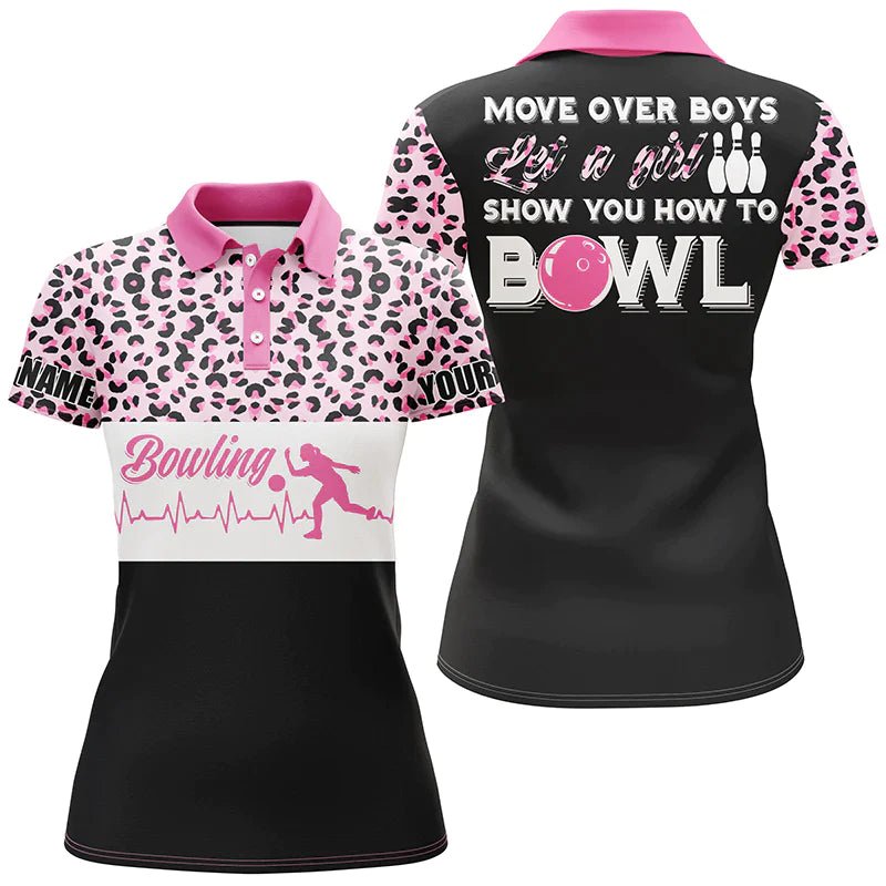 Personalisierte Bowling Polo Shirt für Damen, Lustiges Frauen Bowling Pink Leopard Bowlers Trikot B43 - Climcat