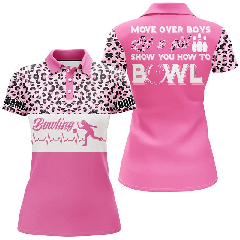 Personalisierte Bowling Polo Shirt für Damen, Lustiges Frauen Bowling Pink Leopard Bowlers Trikot B43 - Climcat