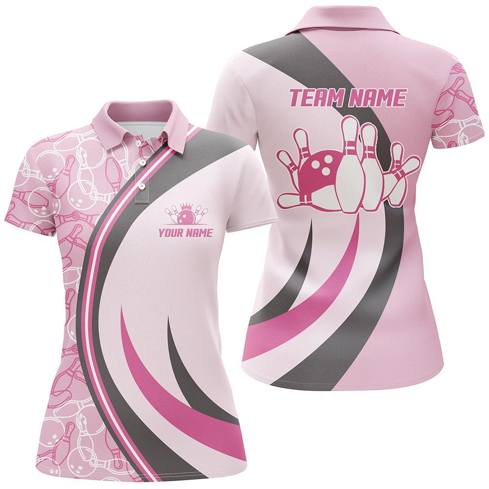 Personalisierte Bowling-Polo-Shirt für Damen - Nahtloses Muster - Rosa Bowling-Trikot - Damen Bowling-Team Shirt D102 - Climcat