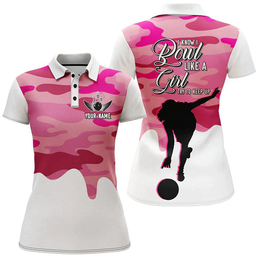 Personalisierte Bowling Polo Shirt für Damen - Pink Camo Jersey mit kurzen Ärmeln - Bowlers B42 - Climcat